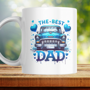 a white mug with a car and text on it best dad